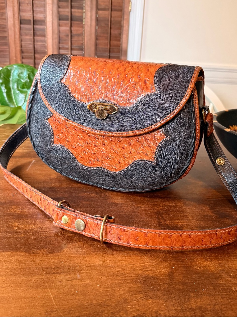 Vintage 1970s Handmade Leather Saddle Bag Brown Black Ostrich Style Boho Western